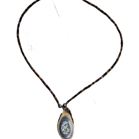 Vintage Bone Bead Necklace w/ Sliced Antler Bone Inlaid Silver & Mother of Pearl - Picture 1 of 7